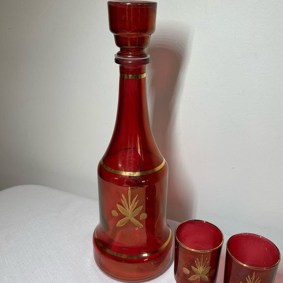 Vintage MCM Ruby Red and Gold Decanter Set - Picture 3 of 6